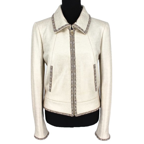 CHANEL Antiqued Pearl Bead-Trim Knit CC Zip Cashmere Jacket France size 38 US 6